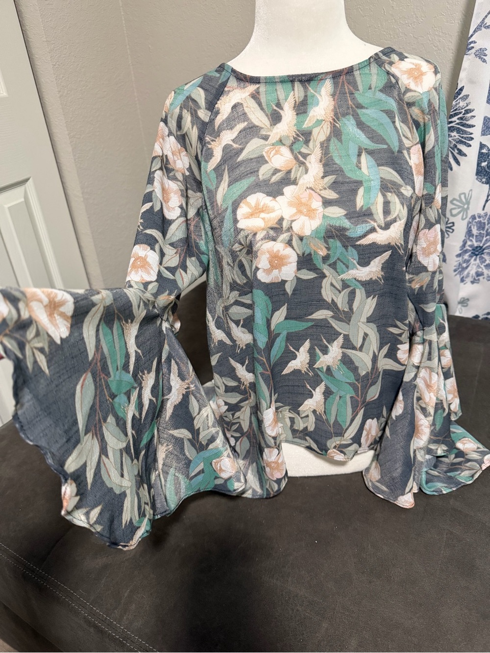 LC Lauren Conrad Floral Bell-Sleeve Blouse in Charcoal Gray, Green and Peach